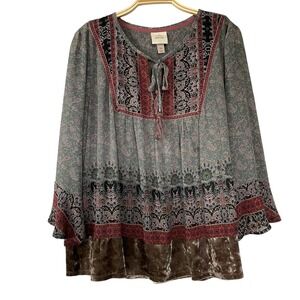 Knox Rose Velvet Trim Peasant Floral Blouse Women XL Gray Bell Sleeve Bohemian